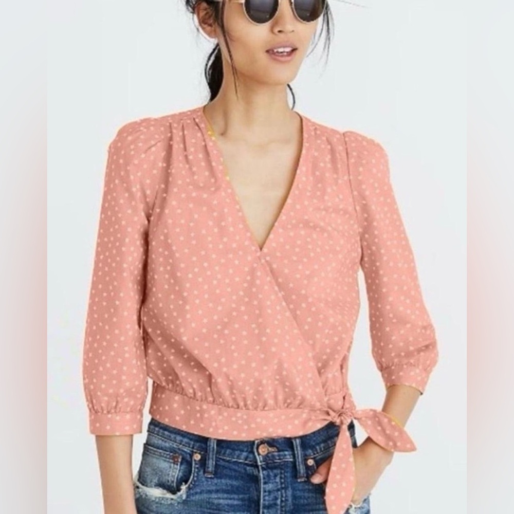XS Madewell Coral Peach All Over Star Scatter Novelty Print‎ Cotton Wrap Top